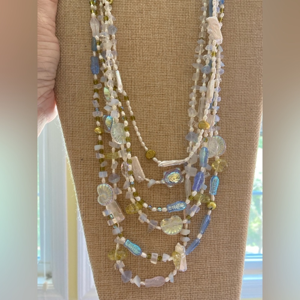 Freshwater Biwa Pearls Art Glass Ocean Sterling Silver Multi‎ Strands Necklace